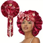 Bonnet Women's Tie‑Closure Printed Satin Sleep Bonnet, Non‑Slip Silky Hair Protection Night Cap