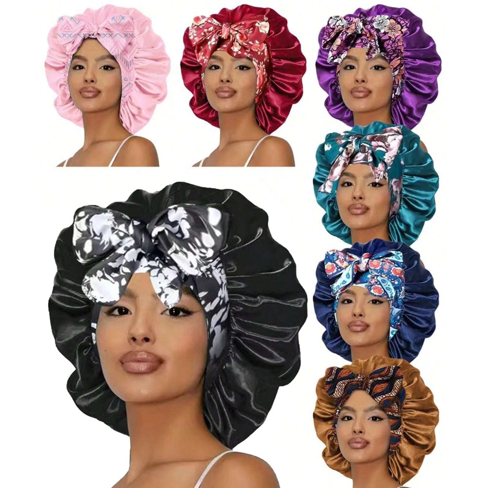 Bonnet Women's Tie‑Closure Printed Satin Sleep Bonnet, Non‑Slip Silky Hair Protection Night Cap