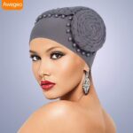 Gele Handmade Plate Flower Staring at Exaggerated Women's Elastic Headscarf Hats in Africa, Banquet Party Wedding Styling Hats