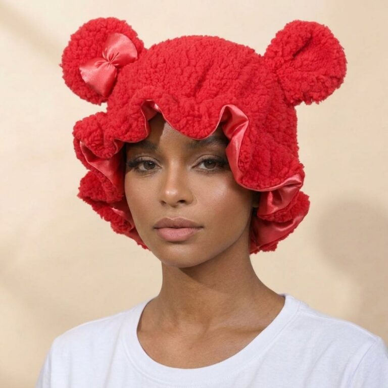 Bonnet Cute Bear Double-Layer Fleece Sleep Bonnet – Satin-Lined Winter Hair Care Sleep Cap