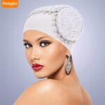 Gele Handmade Plate Flower Staring at Exaggerated Women's Elastic Headscarf Hats in Africa, Banquet Party Wedding Styling Hats
