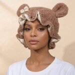 Bonnet Cute Bear Double-Layer Fleece Sleep Bonnet – Satin-Lined Winter Hair Care Sleep Cap