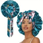 Bonnet Women's Tie‑Closure Printed Satin Sleep Bonnet, Non‑Slip Silky Hair Protection Night Cap